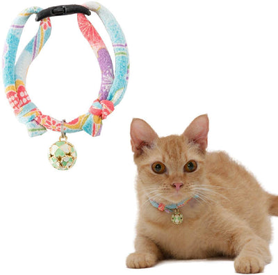 Necoichi Chirimen Cat Collar with Clover Bell, Handcrafted in Japan, 1 Size fits All - BESTMASCOTA.COM