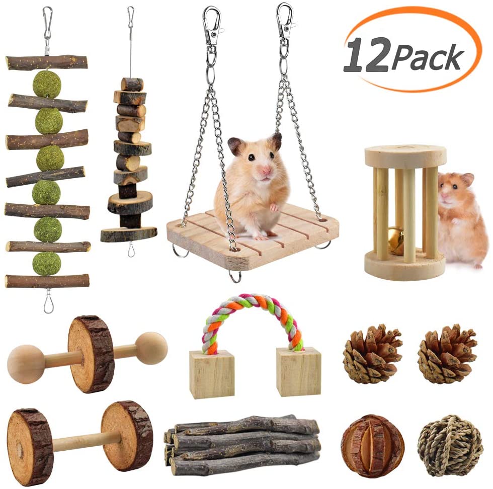 KATUMO Juguetes para masticar hámster, 12 piezas de madera natural, conejillos de indias, ratas, chinchillas, juguetes, accesorios adecuados para conejos, gerbios, mascotas pequeñas, accesorios para masticar y jugar ejercicio de dientes - BESTMASCOTA.COM