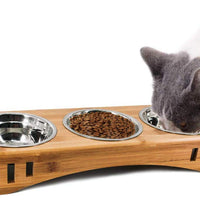 Petsoigné - Cuencos básicos para gatos con soporte de madera para mascotas con soporte de bambú elevado para gatos y cachorros - BESTMASCOTA.COM