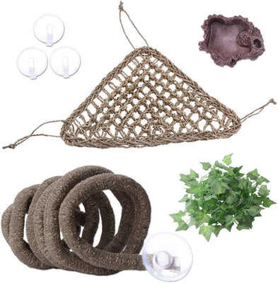 AUBBC Bearded Dragon Hammock, 100% Natural Seagrass Triangular Lizard Lounger with Jungle Climber Vines Reptile Leaves Hooks Feeding Dish for Geckos, Anoles, Snakes and More (12.5 x16.5 Inch) - BESTMASCOTA.COM