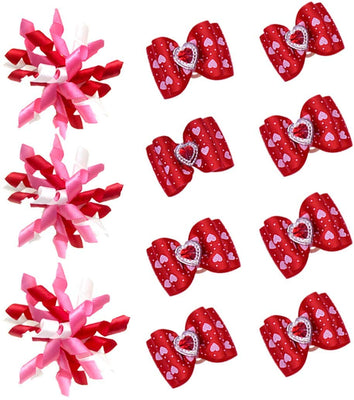 MaSue Pets - 20 lazos para el pelo de perro, 10 pares, para día de las valanetinas, lazos curvos románticos para perros, color rosa y rojo, lazos para perros con diamantes y amor - BESTMASCOTA.COM