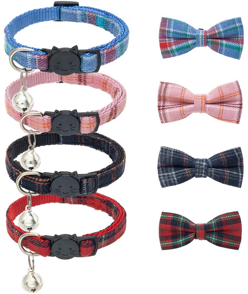 BINGPET Collar de gato Breakaway lindo pajarita con campana 4 unidades – Collares de seguridad desmontables y ajustables para gatito, incluyendo azul, rojo, rosa, azul marino - BESTMASCOTA.COM