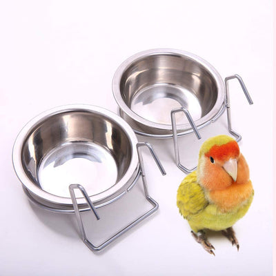 qbleev [2 Pack] tazas cuencos de comida y agua colocado en jaula de pájaros, comedero de acero inoxidable plato con gancho de alambre para loros animales pequeños gallinero conejo pinzones 4.33