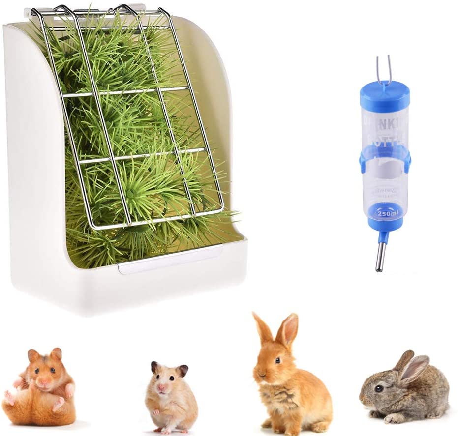 Comedero para conejos, dispensador de botellas de agua de conejo, contenedor de alimentos para heno 2 en 1, cuencos para césped/alimentos para pequeños suministros de animales, conejo, chinchilla, cobaya, hámsters - BESTMASCOTA.COM