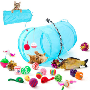 HIPET 21 piezas Juguetes interactivos para gatos, juguetes surtidos, bolas de túnel, plumas de pescado, varita de ratones, Básico - BESTMASCOTA.COM