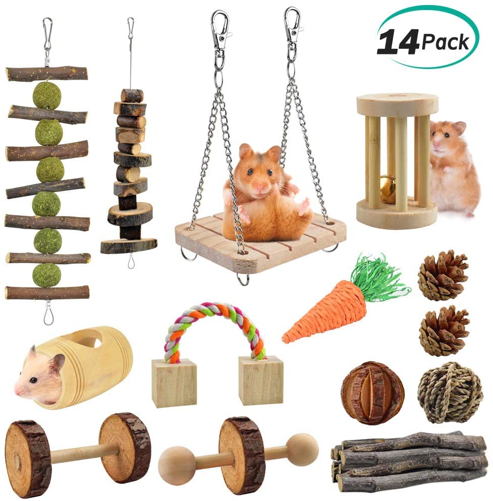 ERKOON - Juego de 14 juguetes para masticar hámster, rata, cobayas, chinchilla, accesorios para masticar, mancuernas de madera natural, con rodillos de cuidado de los dientes para conejos, pájaros, hámster, gerbil - BESTMASCOTA.COM