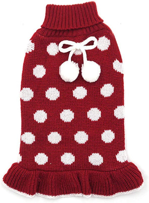 kyeese Dog Sweater Dress Turtleneck Polka Dot Dog Sweaters Knitwear Warm Pet Sweater with Pom Pom Ball - BESTMASCOTA.COM