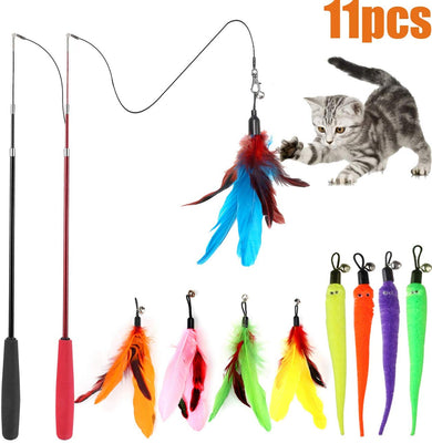 Juguete de plumas de gato, varita de juguete retráctil para gato, 2 varitas y 9 recambios surtidos, varita interactiva de plumas, juguete para gatito, gatito, gatito, tener divertido ejercitador jugando, Básico - BESTMASCOTA.COM