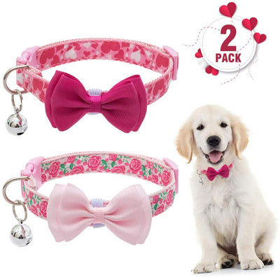 PUPTECK Collar de perro con campana para el día de San Valentín ajustable con lazo extraíble – Corazón romático y diseño de rosa, regalo dulce para perros pequeños, gatos y mascotas - BESTMASCOTA.COM