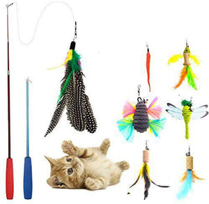 Cat juguetes interactivo, 9 paquetes retráctil gato juguete Varita, Cat Juguete de plumas, Assorted recambios Teaser Varita Exerciser Toy Set, pescado Bird Butterfly Dragonfly Gusano - BESTMASCOTA.COM