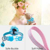 PUPTECK 3 collares de piel para gatos con campana y flor extraíble, collares de seguridad ajustables lindos y suaves para gatos y animales pequeños mascotas, color rosa, verde, dorado - BESTMASCOTA.COM