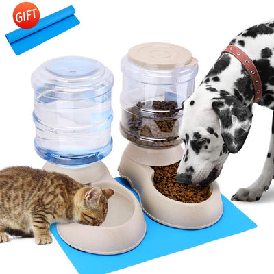 Alimentador automático para gatos y dispensador de agua en juego con alfombrilla de comida para mascotas para perros pequeños, medianos, cachorros, gatitos, gran capacidad, 1 galón x 2 - BESTMASCOTA.COM