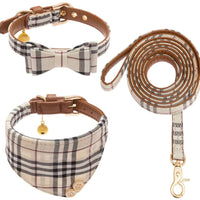Cherpet - Juego de collar y correa para perro, diseño de bandana a cuadros, ajustable, de cuero, para perros pequeños, con campana, de seguridad, al aire libre, suave algodón, cómodo para cachorros y gatos, 3 unidades - BESTMASCOTA.COM