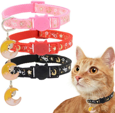 Barleygoo - 3 collares de gato con campanas de luna dorada y estrellas, ajustable de seguridad para cachorros que brillan en la oscuridad con colgante - BESTMASCOTA.COM