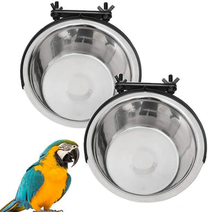 Kathson - Tazas de alimentación para pájaros con soporte de abrazadera, cuenco colgante para alimentos y agua de acero inoxidable, comedero para mascotas pequeñas como loros, periquitos, cachorros, gatos (2 unidades) - BESTMASCOTA.COM