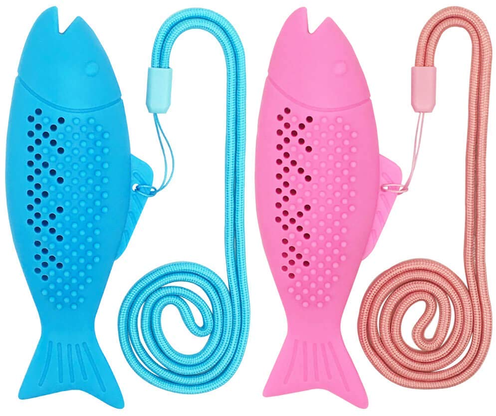 ShenVenga Catnip Juguetes para gatos interactivos cepillo de dientes recargable – Pez reutilizable de silicona gato auto limpieza juguete (azul y rosa) - BESTMASCOTA.COM