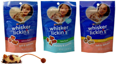 Whisker Lickin - Juego de 3 dulces de gato suave y húmedo con sabor variado con juguete, 1 unidad: salmón, túnica y pollo - BESTMASCOTA.COM