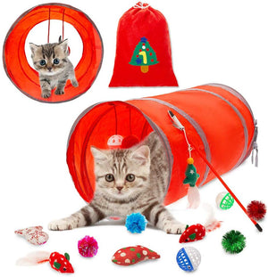 PUPTECK - Juego de 12 juguetes interactivos para gatos, juego valioso de 2 ratones de plumas, túnel para gatos de 18.89 pulgadas de largo, 6 pelotas, 2 juguetes para peces de gato, palo para gatos - BESTMASCOTA.COM