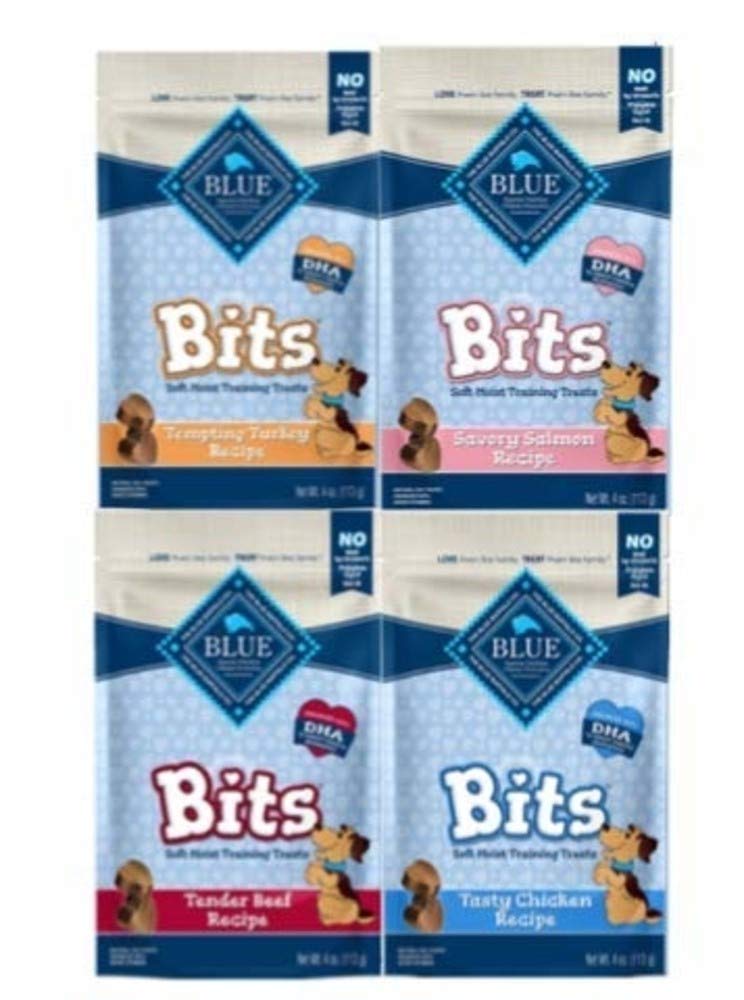 Golosinas en trozos para perros Blue Buffalo, 4 sabores (salmón salado, pollo sabroso, bife tierno y pavo tentador), 4 oz cada uno (bolsas de 4 en total) - BESTMASCOTA.COM