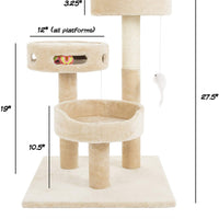 Árbol para gatos PETMAKER de 3 niveles y 2 juguetes colgantes, una zona de juego de 3 bolas y poste rascador, 27.5 pulgadas, color marrón - BESTMASCOTA.COM