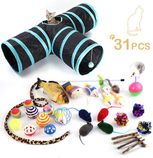 Juguetes para gatos, 31 unidades, surtidos, túnel de 3 vías, medidor de plumas interactivo, pez gato, palitos de masticar, ratones, bolas y campanas, súper divertido para cachorros, gatitos, conejos - BESTMASCOTA.COM