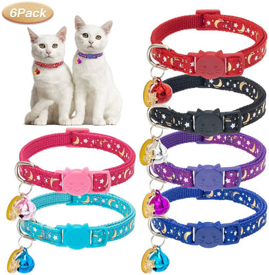 KOOLTAIL Cat Collar Breakaway with Bell for Kitten - 6 Pack Stars and Moon Charm Pendent Cat Reflective Collars Bell Glow in The Dark for Cats Kitty Puppy - BESTMASCOTA.COM