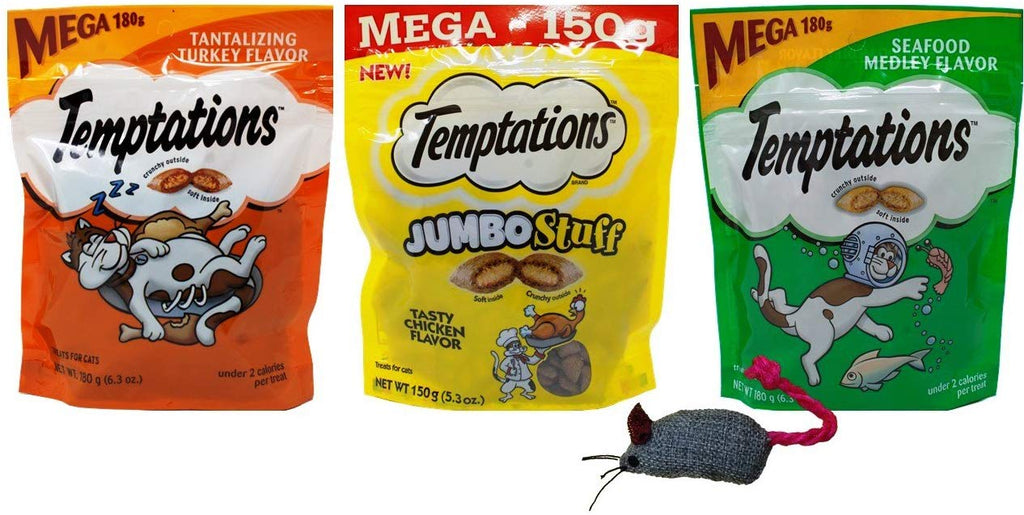 Temptations – Juego de 3 dulces de gato de calorías bajas con sabor variado con juguete, 1 cada uno: Tantalizing Turquía, gallina sabrosa jumbo Stuff, medalla de marisco - BESTMASCOTA.COM