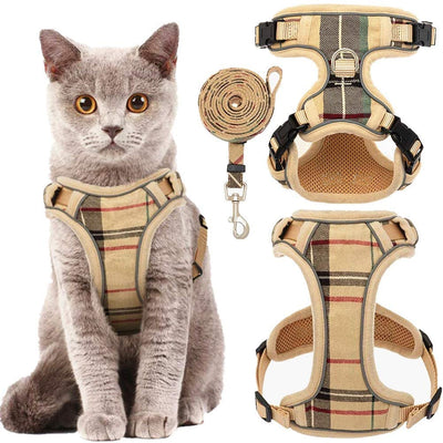 KOOLTAIL Arneses de gato a prueba de escape y correa – Beige a cuadros ajustables suave chaleco para mascotas para caminar, apto para gatos pequeños y medianos, cachorros - BESTMASCOTA.COM