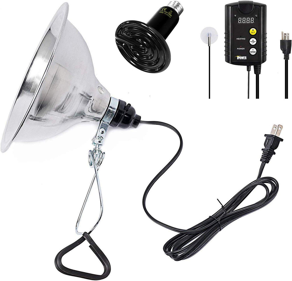 Simple Deluxe - Bombilla de repuesto de cerámica infrarroja de 100 W y abrazadera de 150 W con reflector de aluminio de 8.5 in y controlador digital de termostato de 40 – 108 °F para mascotas anfibias - BESTMASCOTA.COM