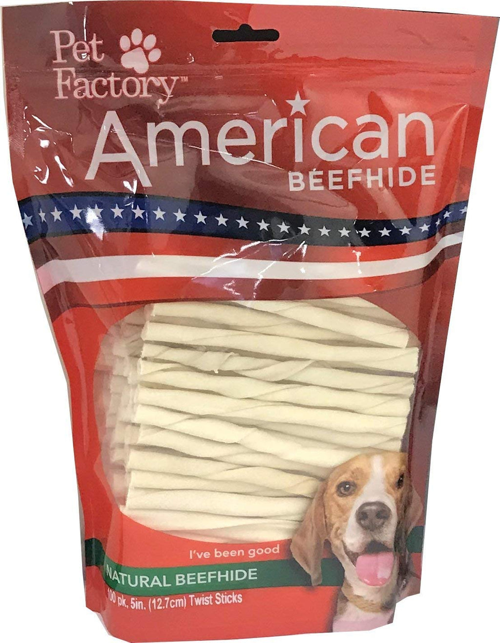 Pet Factory American Beefhide Chews 28109 palillos de torsión de 5 pulgadas para perros. American Beefhide es una gran fuente de proteínas y ayuda en la salud dental. Paquete de 100 unidades, paquete resellable. - BESTMASCOTA.COM