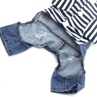 DoggyZSTYLE Ropa de perro gato azul rayado pantalones vaqueros de una sola pieza chaqueta trajes ropa con capucha Abrigos con capucha para cachorros pequeños y medianos - BESTMASCOTA.COM