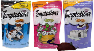 Temptations Cat Treats 3 sabores variados con juego de juguetes, 1 cada uno: control de pelota de gallinero con sabor a pollo, lácteo cremoso y gato blisito (2,1-3 onzas). - BESTMASCOTA.COM