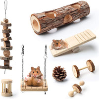 Coolrunner Hamster Chew Toys, 8 Pack Hamster Toy Accessories with Dumbbell, Unicycle, Ball Swing, Hollow Tree Trunk, Pine Cones, Bell Roller, Seesaw, and Molar String, Teeth Care Molar Toy - BESTMASCOTA.COM