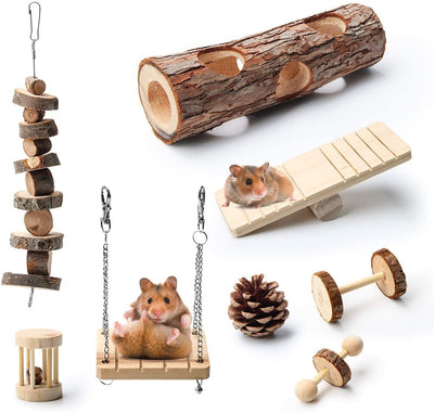 Coolrunner Hamster Chew Toys, 8 Pack Hamster Toy Accessories with Dumbbell, Unicycle, Ball Swing, Hollow Tree Trunk, Pine Cones, Bell Roller, Seesaw, and Molar String, Teeth Care Molar Toy - BESTMASCOTA.COM