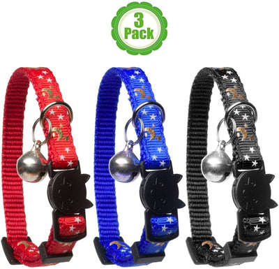 Collar de gato estrellas y luna, paquete de 3, reflectante con campana, collares sólidos y seguros para gatos, nailon, collares para gatitos, collar para mascotas, collar para gato roto, repuesto gratis - BESTMASCOTA.COM