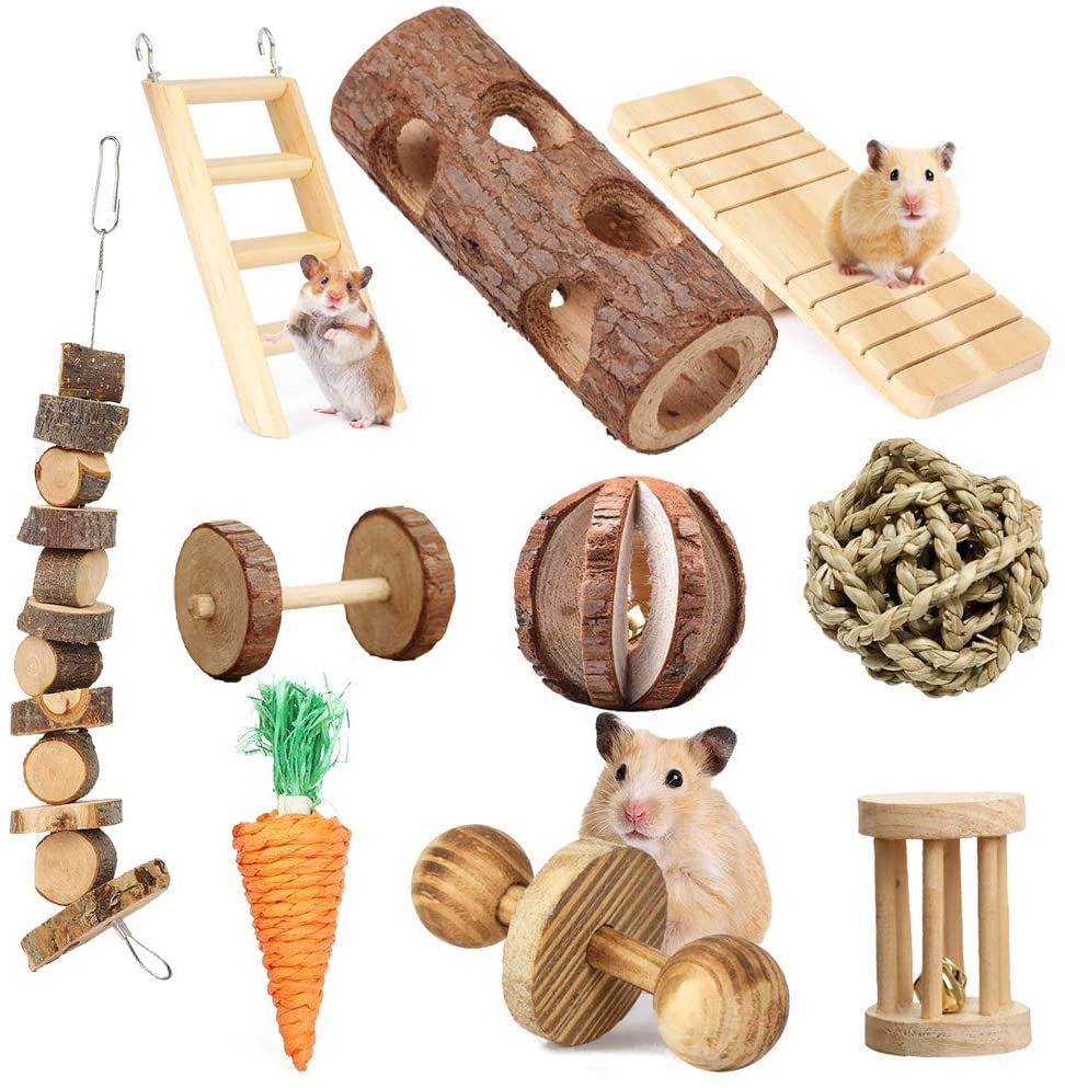  Hehoyang Hamster Masticar Juguetes Set, 9 piezas de madera  natural hámster juguetes y accesorios, cuidado de dientes Molar juguetes  para chinchillas, cobayas, conejos, etc. Juego de productos molares :  Productos para