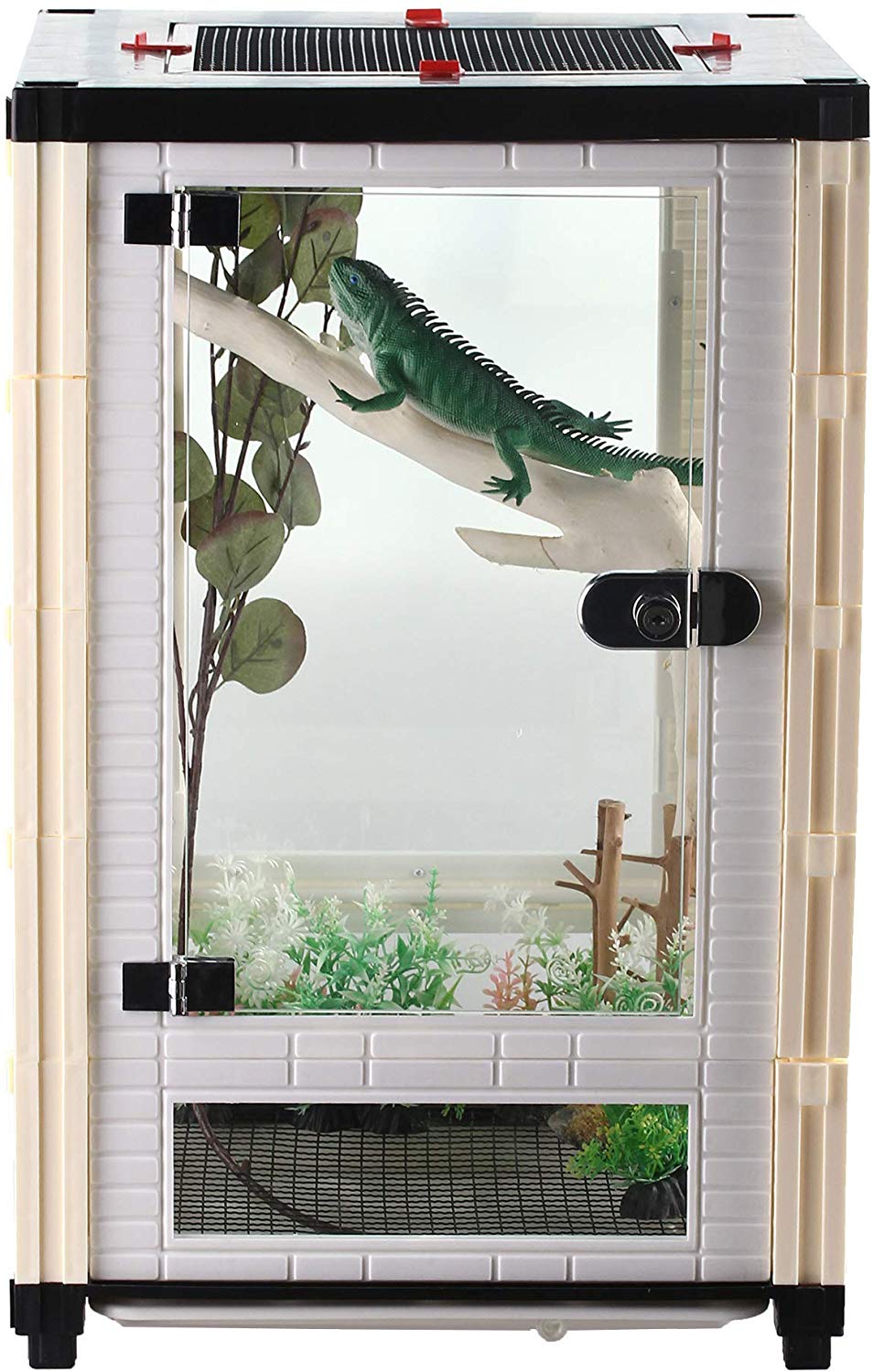 Crapelles Lizard Reptile Terrarium, tanque de reptiles, fácil de montar y limpiar y mover, color blanco y negro, estilo de villa, para tortuga de serpiente anfibio reptil, ventilación, 15.7 x 15.7 x 23.6 pulgadas - BESTMASCOTA.COM