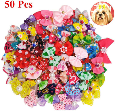 POPETPOP 50 lazos para perro con bandas de goma, para mascotas, gatos, perros, lazos para el pelo, cuentas de diamantes de imitación, flores, topknot cachorros (color mixto) - BESTMASCOTA.COM