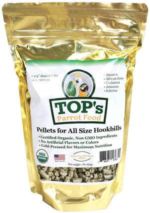 TOP's Parrot Food Pellets Hookbills, Loro pequeño, mediano y grande – Sin OGM, sin soja de maní y maíz, certificado orgánico USDA - BESTMASCOTA.COM