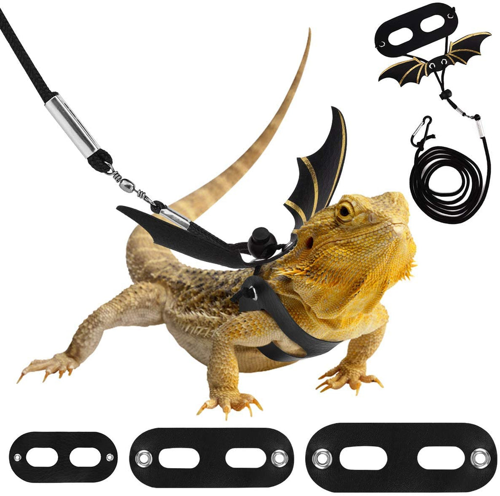 PAWABOO - Arnés de piel para reptiles, 3 tamaños, ajustable, con alas de murciélago para lagarto, reptiles, anfibios, animales pequeños, pequeños, medianos y grandes, negro y dorado - BESTMASCOTA.COM