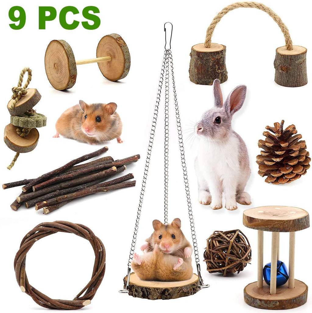 ZALOVA - Juguetes de cobaya, 9 piezas de madera natural de pino hámster masticar juguetes ratas chinchillas juguetes accesorios mancuernas de ejercicio, rodillo de cuidado de dientes molar juguete para conejos jerbiles - BESTMASCOTA.COM