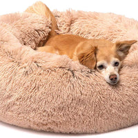 Cama para gatos de piel sintética para perros pequeños y medianos, con calentamiento automático, almohada redonda para interior, color rosa y marrón - BESTMASCOTA.COM