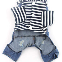 DoggyZSTYLE Ropa de perro gato azul rayado pantalones vaqueros de una sola pieza chaqueta trajes ropa con capucha Abrigos con capucha para cachorros pequeños y medianos - BESTMASCOTA.COM