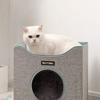 FEANDREA - Cubo plegable para gato, con superficie de remolque y 2 cojines reversibles, para gatos, cueva, lino, fieltro y tablero DM, resistente a los arañazos, color gris UPCB04G - BESTMASCOTA.COM