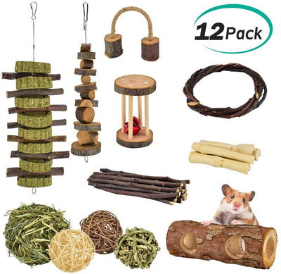 ERKOON New 12 Pack Hamster Chew Toys Gerbil Rat Guinea Pig Chinchilla Chew Toys Accessories, Natural Wooden Dumbbells Exercise Bell Roller Teeth Care Molar Toy for Rabbits Bird Rabbits Hamster Gerbil - BESTMASCOTA.COM