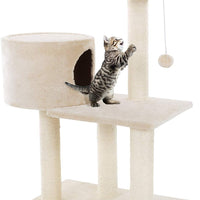 Árbol para gatos de 3 niveles, torre de felpa de varios niveles con postes para arañar, cama estilo perca, condominio de gatos y juguete para colgar para gatos y gatitos de PETMAKER (31") - BESTMASCOTA.COM