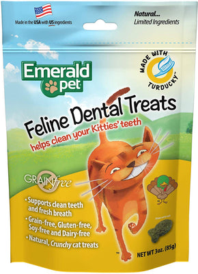 Emerald Pet - Feline Dental Treats, Dental Stick, Cat Chews para limpieza de dientes, refresca la respiración, reduce la placa y el sarro, sin granos (línea Dental Treat, 3 onzas), Turducky - BESTMASCOTA.COM