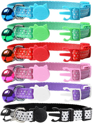 EXPAWLORER 6 Pcs Wave Point Adjustable Cat Collars Colorful Nylon Breakaway Safety Pet Collar with Bells - BESTMASCOTA.COM