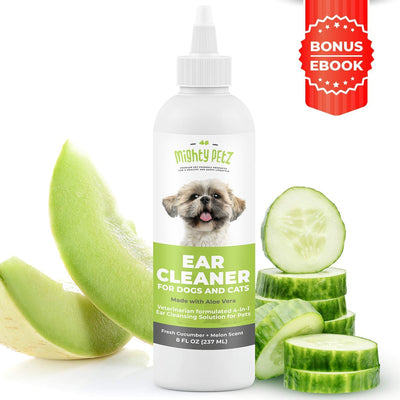 Limpiador de orejas de perro 4 en 1: solución de limpieza formulada por veterinarios + aloe vera para eliminar cera, residuos y olor en mascotas. Apoya las orejas propensas a la infección y reduce el temblor de la cabeza. Pepino fresco y melón, 8 oz - BESTMASCOTA.COM