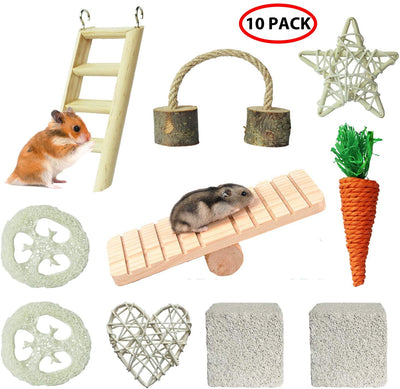 YUEPET Chinchilla Toys Guinea Pig Gerbil Rat Hamster Chew Toys Accessories Natural Wooden Seesaw Ladder Teeth Care Molar Toy for Bunny Rabbits Gerbils (Pack of 10) - BESTMASCOTA.COM